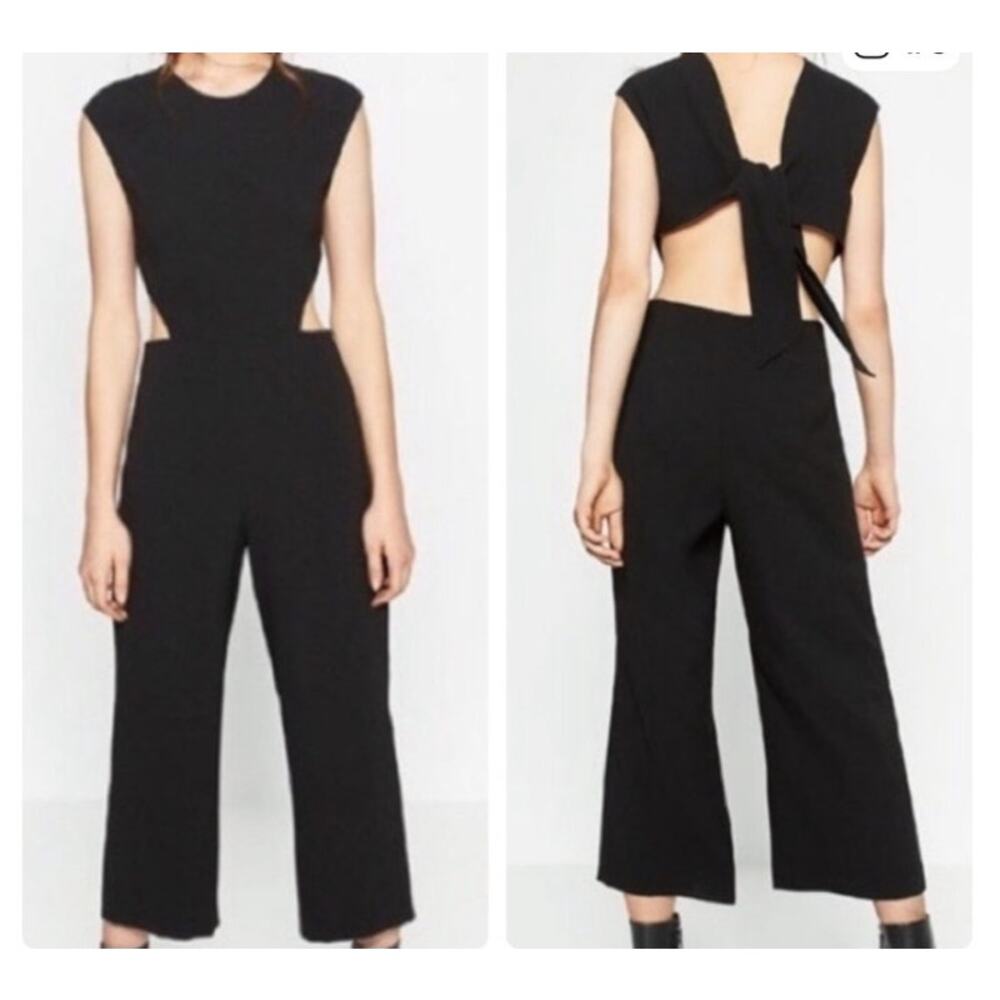 Zara Cut Out Jumpsuit L Blk Size Zipper Wide Leg Tie Back Sleeveless Modern Chic